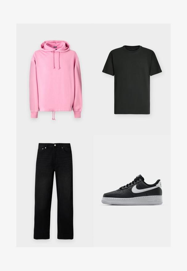 Lyserød hættetrøje lavet af blødt stof med snøre i hætten, ribbede kantbånd og en snøre i bunden til justering af pasform. Glat tekstur.; Enkel sort t-shirt med korte ærmer og rund halsudskæring med subtilt broderet logo på øverste bryst mod en lys baggrund.; Sorte jeans med lige ben, fem lommer, metal knaplukning og bæltestropper, vist på hvid baggrund.; Sort lædersneaker med tekstureret overflade, hvid Nike swoosh, grå sål, rund tå og snørebåndsdesign. Har perforeringer på tåboksen.
