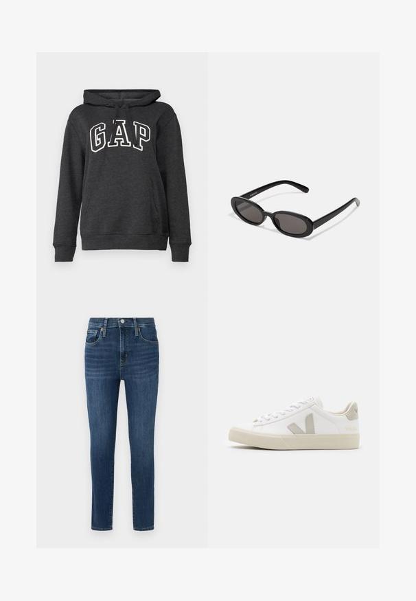 Hoodie gris foncé en tissu doux avec une poche kangourou, capuche à cordon et grand logo "GAP" blanc à l'avant.; Jean en denim bleu foncé avec une coupe slim, design à cinq poches, accents en cuivre sur les boutons et légères décolorations à l'avant. Ourlet propre et taille standard.; Baskets blanches en cuir avec des accents gris en forme de V, semelle en caoutchouc texturé, lacets blancs, et languette et col rembourrés.; Even&Odd by Zalando Lunettes de soleil - black