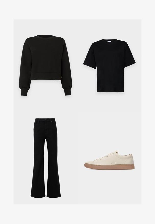 Sweatshirt noir court avec de longues manches ballon, col rond côtelé, poignets et ourlet, présenté sur fond blanc.; T-shirt noir à manches courtes, coupe décontractée, en tissu doux, avec un col rond et sans motifs ni accents marquants.; Jean noir évasé à taille haute, fabriqué en denim. Équipé de poches structurées et d'un bouton de fermeture à l'avant. Texture lisse.; Baskets basses en cuir beige avec semelle en caoutchouc marron, fermeture à lacets sur le devant, et détails de coutures minimaux, présentées de profil sur fond blanc.