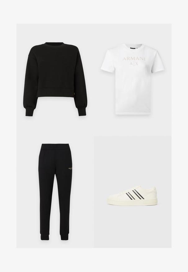 Sweatshirt noir court avec de longues manches ballon, col rond côtelé, poignets et ourlet, présenté sur fond blanc.; T-shirt unisexe blanc à manches courtes avec col rond et logo "ARMANI A|X" en petits clous dorés répartis uniformément sur la poitrine.; Pantalon de survêtement noir fuselé avec taille et poignets élastiques, présentant un petit logo doré "Armani Exchange" sur la cuisse droite.; Baskets en toile blanches avec un bout rond, trois rayures noires et une semelle en caoutchouc texturée. Marque sur le côté et le talon.
