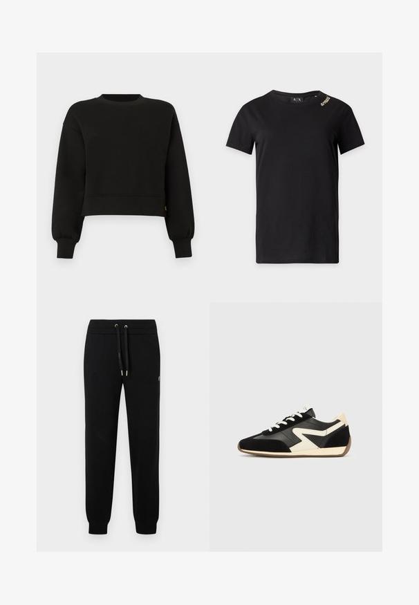 Sweatshirt noir court avec de longues manches ballon, col rond côtelé, poignets et ourlet, présenté sur fond blanc.; T-shirt noir à manches courtes avec col rond et petit détail doré près de l'épaule gauche, étiqueté Armani Exchange à l'intérieur du col.; Pantalons de jogging noirs avec taille élastique et cordon de serrage, poignets côtelés, et détail de logo subtil sur la jambe.; Baskets athlétiques noires et crème avec une tige en daim et cuir, fermeture à lacets, et une semelle en caoutchouc. Le design comprend des accents latéraux contrastants.
