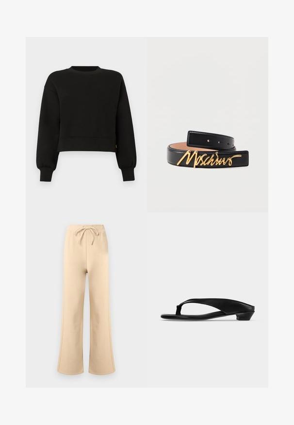 Sweatshirt noir court avec de longues manches ballon, col rond côtelé, poignets et ourlet, présenté sur fond blanc.; Pantalon de survêtement beige à jambes larges avec taille élastique et cordon de serrage, coutures latérales discrètes et logo de la marque légèrement visible près de la taille.; Sandale noire à petit talon avec une large bride et lanière entre les orteils, vue de profil sur un fond gris clair uni.; Ceinture en cuir noir avec boucle logo Moschino dorée, présentant des bords cousus et plusieurs trous de réglage sur un fond clair.