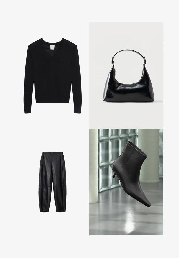 Pull noir à manches longues avec col en V, poignets et ourlet côtelés, étiqueté Calvin Klein au niveau du col.; Pantalon large en simili cuir noir avec taille élastique et poches latérales, présenté sur fond blanc.; Bottine en cuir noir avec bout pointu et petit talon, présentée devant un mur en blocs de verre et un sol poli.; Sac à main Calvin Klein noir brillant avec fermeture éclair dorée et anse courte sur fond blanc uni.