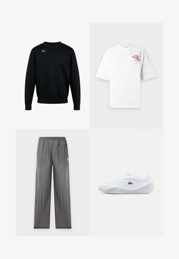 Schwarzes Sweatshirt mit Rundhalsausschnitt, langen Ärmeln und kleinem weißen Kappa-Logo auf der oberen linken Brust.; Weißes T-Shirt mit kurzen Ärmeln und einem kleinen roten "new balance"-Logo auf der linken Brust, vor einfachem Hintergrund gezeigt.; Graue leichte Sporthose mit elastischem Bund, Seitentaschen und kleinem weißen New Balance-Logo an der rechten Hüfte.; Weißer Sneaker in niedriger Ausführung mit perforierten Seiten, durchsichtiger Sohle, Schnürsenkeln und einem schwarzen Lacoste-Krokodil-Logo an der Außenseite.