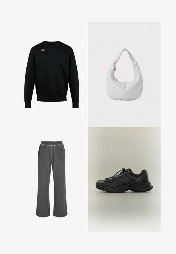 Sweat-shirt noir à col rond, manches longues, avec un petit logo blanc Kappa sur le haut gauche de la poitrine.; Pantalons en velours gris foncé à jambes larges avec taille élastique et logo "Karl Lagerfeld Jeans" sur la cuisse supérieure gauche.; Baskets noires épaisses avec motifs floraux, semelle épaisse texturée et fermeture à lacets avec bouton-pression, présentées de profil sur un fond uni.; Sac hobo doux, de couleur gris clair, fabriqué en matériau synthétique. Présente une poignée rembourrée unique et un compartiment zippé sur le côté.
