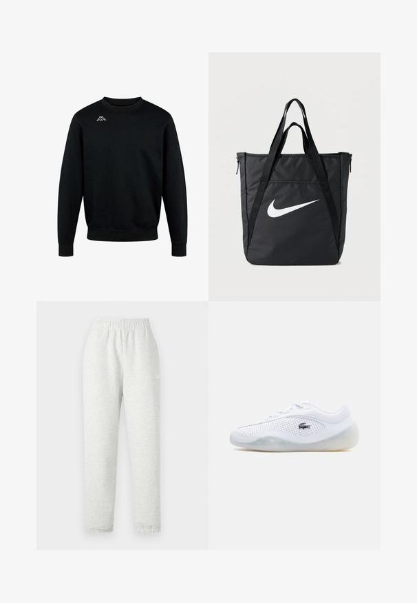 Sweat-shirt noir à col rond, manches longues, avec un petit logo blanc Kappa sur le haut gauche de la poitrine.; Pantalon de survêtement gris clair avec une taille élastique, des jambes fuselées et des poignets côtelés. Fabriqué à partir d'un tissu doux et texturé. Détail logo blanc sur le côté.; Baskets basses blanches avec côtés perforés, semelle translucide, lacets et logo crocodile noir de Lacoste sur le côté extérieur.; Sac fourre-tout en nylon noir avec deux bretelles, doté d'un grand logo blanc Nike, fermeture éclair, et un design rectangulaire élégant.
