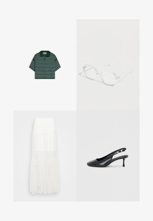Polo vert foncé coupé avec des rayures horizontales blanches et une patte de boutonnage à trois boutons.; Jupe maxi blanche à volants avec une taille élastique. Fabriquée en tissu léger, elle présente des couches semi-transparentes et un design fluide.; Chaussure slingback noire en cuir à bout pointu avec un petit talon aiguille bas et une bride réglable à boucle sur un fond clair uni.; Lunettes rectangulaires transparentes avec montures et branches claires, placées sur une surface blanche avec des ombres douces.