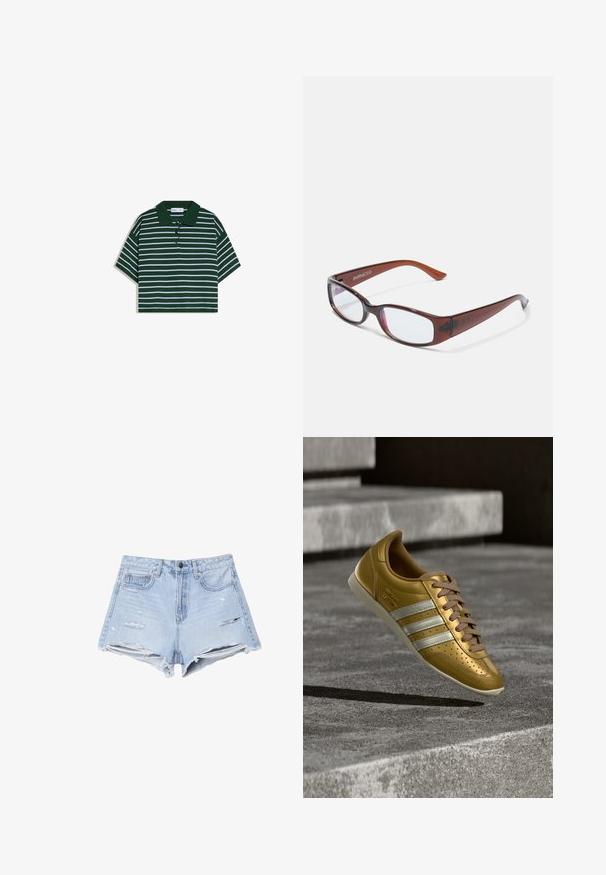 Polo vert foncé coupé avec des rayures horizontales blanches et une patte de boutonnage à trois boutons.; Shorts en denim bleu clair à taille haute, avec des détails usés, un ourlet effiloché et un design à cinq poches.; Baskets en cuir doré avec trois bandes blanches, design à lacets, détails perforés et semelle en caoutchouc de couleur claire.; Lunettes rectangulaires teintées de brun avec une finition brillante, dotées de branches fines et de verres transparents. Logo visible sur la branche gauche.