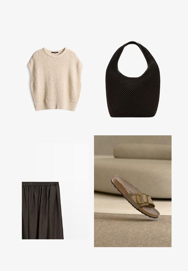 Pull en maille crème avec une coupe ample, des manches courtes, un ourlet côtelé et un motif texturé, fabriqué à partir d'un matériau doux et confortable.; Jupe en tissu noir froissé avec une ceinture élastique, présentée à plat sur un fond blanc.; Sandale beige à bout ouvert avec une bride texturée, une grande boucle dorée, une semelle intérieure en liège et une semelle noire, flottant au-dessus d'une surface texturée.; Sac cabas noir en maille à tissage ouvert avec poignée supérieure arrondie et corps large et incurvé.