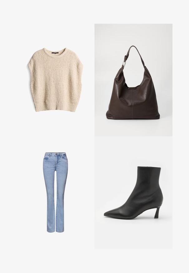 Pull en maille crème avec une coupe ample, des manches courtes, un ourlet côtelé et un motif texturé, fabriqué à partir d'un matériau doux et confortable.; Jean en denim bleu clair taille haute avec bouton et fermeture éclair à l'avant, jambes droites et conception classique à cinq poches.; Steve Madden LULAH - Boots à talons - black; Zign Cabas - chocolate brown
