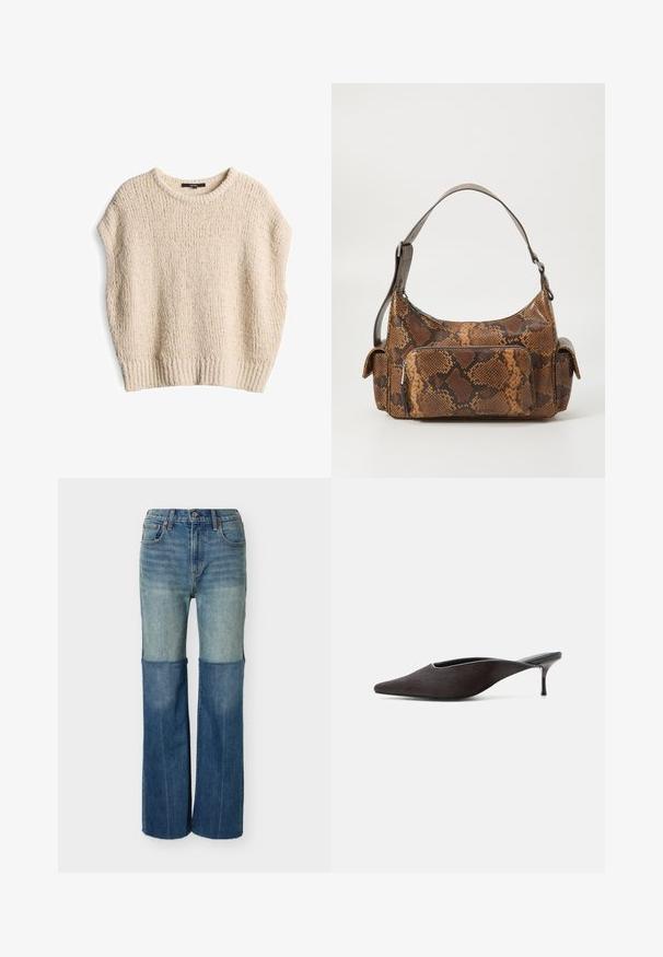 Pull en maille crème avec une coupe ample, des manches courtes, un ourlet côtelé et un motif texturé, fabriqué à partir d'un matériau doux et confortable.; Jean en denim bicolore avec la moitié supérieure plus claire et la moitié inférieure plus foncée, design classique à cinq poches, et coupe droite.; Mule noire à bout pointu, talon stiletto bas et finition lisse et élégante, vue de profil sur fond blanc.; Sac à main en imitation serpent marron avec une surface texturée, un design arrondi, une bandoulière unique et une poche zippée à l'avant.