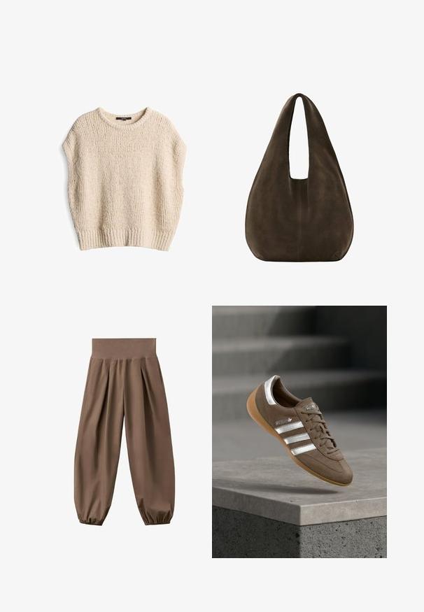 Crème gebreide trui met een losse pasvorm, korte mouwen, geribbelde zoom en een textuurpatroon, gemaakt van zacht, comfortabel materiaal.; Bruine losse broek met hoge taille, elastische boorden en plooien aan de voorkant, weergegeven op een witte achtergrond.; Bruine suède sneaker met witte strepen en zilveren accenten, voorzien van een getextureerde bovenkant, vetersluiting en een zool van gumrubber.; Zachte donkerbruine suède hobo tas met een brede enkele schouderriem en afgeronde onderkant op een witte achtergrond.