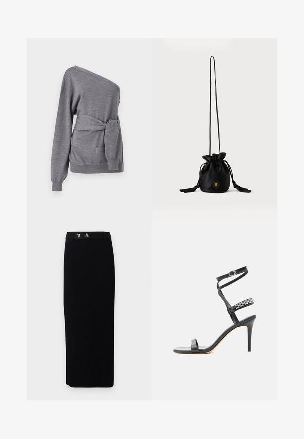 Asymmetrisk grå sweater lavet af blødt materiale, med en bæltet talje, et enkelt skulderdesign og en frontlomme.; AERON FORUM - Pencil skirt - black; Sort højhælet sandal med tynd ankelrem, midtfodsrem dekoreret med sølvkædeled og åben tå-design.; Sort snørelukket bucket-taske med lang tynd rem og lille gyldent firkantet logo foran, vist mod en ensfarvet baggrund.