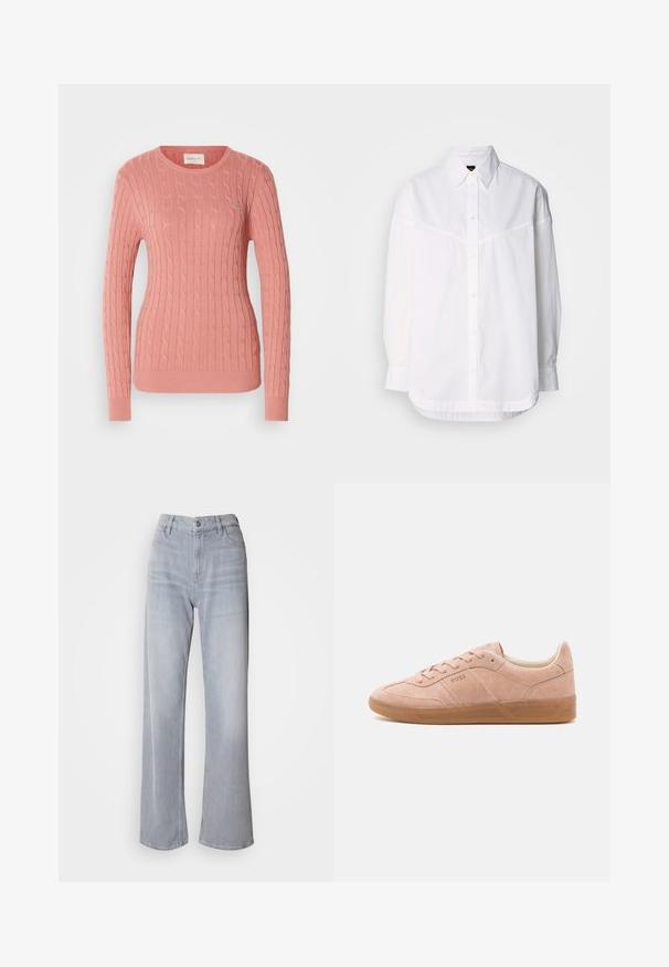 Garnet strikket sweater i blød pink, med rund halsudskæring og lange ærmer. Det strukturerede mønster tilføjer dybde. Subtil branding på brystet.; Hvid langærmet skjorte lavet af bomuld, med en knap-ned krave, frontknapper og en afslappet pasform med subtile syninger.; Lys grå vidde jeans med høj talje, lavet af denim. Har forlommer, lynlås og subtil falmen over det hele.; Lyserøde suedestøvler med gummisål, rund tå og snørebåndslukning. Har minimal branding på siden og hælen.