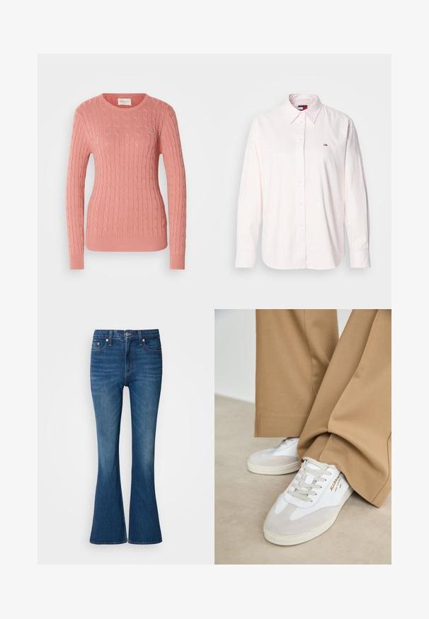 Suéter de punto trenzado en suave color rosa, con un cuello redondo y mangas largas. El patrón texturizado añade profundidad. Sutil marca en el pecho.; Camisa de boton de manga larga rosa claro, hecha de algodón, con un collar clásico y un pequeño logotipo de la marca en el lado izquierdo del pecho.; Jeans acampanados azul con un lavado desgastado, que cuentan con un cierre de botón y cremallera, bolsillos frontales y una abertura de pierna ligeramente más ancha en la parte inferior.; Zapatillas blancas con detalles de ante, cordones texturizados y suela de goma. Combinadas con un pantalón suelto en tono marrón claro. Logo exhibido en el lateral.