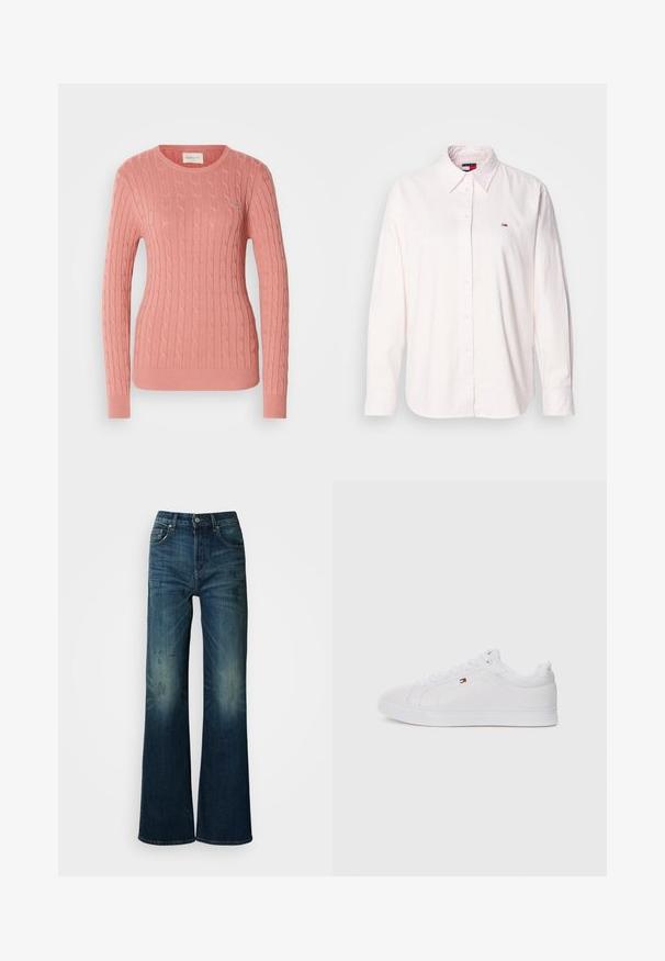 Garnet strikket sweater i blød pink, med rund halsudskæring og lange ærmer. Det strukturerede mønster tilføjer dybde. Subtil branding på brystet.; Lyserød langærmet skjorte med knapper lavet af bomuld, med en klassisk krave og et lille mærke-logo på venstre bryst.; Bredde ben jeans i mørkeblå denim, med en falmet vask og subtile folder, klassisk fem-lommer design og knaplukning i taljen.; Hvide lavtop sneakers med en glat læderoverdel, rund tå og flad gummisål. Har diskret branding på siden og hvide snørebånd.