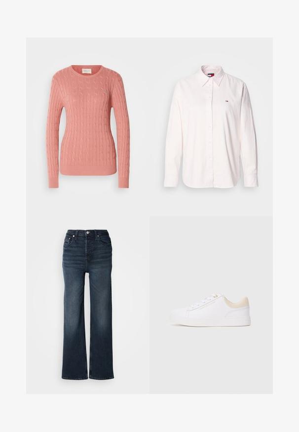 Pull en maille torsadée de couleur rose doux, avec un col rond et des manches longues. Le motif texturé ajoute de la profondeur. Marque discrète sur la poitrine.; Chemise boutonnée à manches longues de couleur rose pâle en coton, avec un col classique et un petit logo de la marque sur la poitrine gauche.; Jeans larges bleu foncé en denim. Design taille haute avec fermeture à bouton à l'avant et poches latérales. Texture lisse et coupe classique.; Sneaker basse blanche avec un col beige, des lacets blancs et un logo doré "Tommy Hilfiger" sur le côté, présentée en profil sur fond gris.