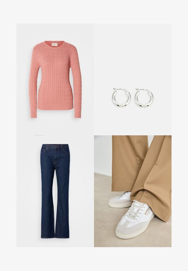 Pull en maille torsadée de couleur rose doux, avec un col rond et des manches longues. Le motif texturé ajoute de la profondeur. Marque discrète sur la poitrine.; Jean en denim bleu évasé avec taille haute, dotés d'une texture lisse, d'une fermeture à bouton en métal et d'un design à cinq poches.; Baskets blanches avec des accents en daim, des lacets texturés et une semelle en caoutchouc. Associées à un pantalon beige ample. Logo affiché sur le côté.; Boucles d'oreilles en argent avec une finition polie, présentant une forme circulaire et une fermeture à charnière. Texture lisse avec un minimum de détails.