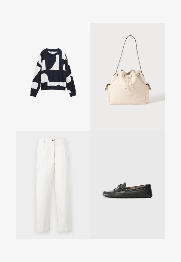 Sweatshirt bleu marine avec des formes blanches abstraites, fabriqué en tissu doux. Dispose d'un col rond et de poignets côtelés pour une coupe décontractée.; Pantalon blanc taille haute à coupe ajustée, avec plis, fermeture avant par boutons, et jambes droites. Confectionné en tissu lisse.; Bateau en cuir noir avec un bout arrondi, des détails de couture, un petit accent en nœud et une semelle en caoutchouc. Texture lisse et design épuré.; Sac d'épaule matelassé en cuir crème avec fermeture à cordon, bandoulière chaîne en métal et poches latérales sur fond uni.