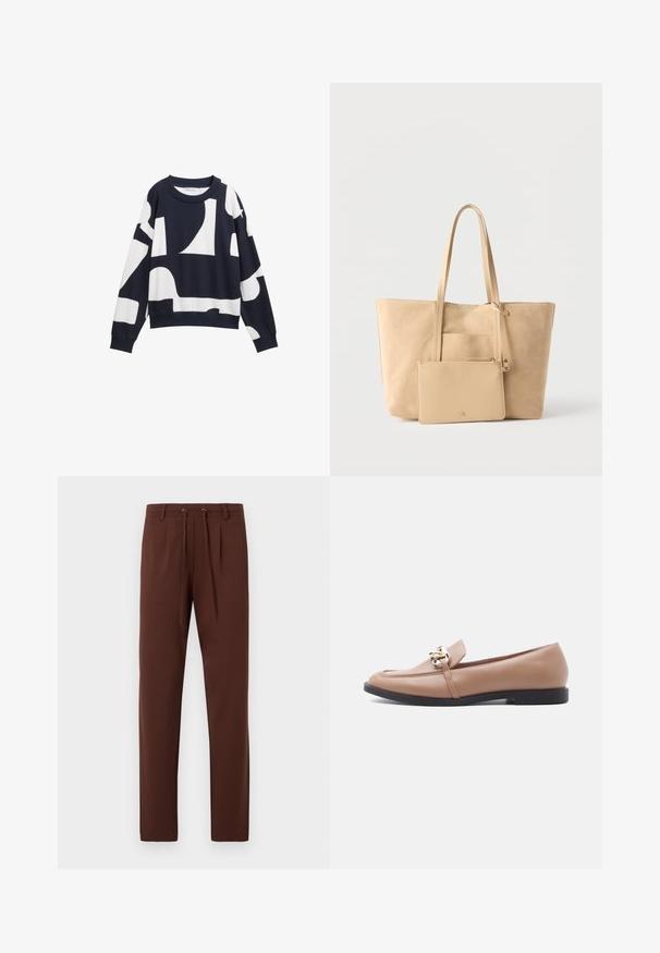 Sweatshirt bleu marine avec des formes blanches abstraites, fabriqué en tissu doux. Dispose d'un col rond et de poignets côtelés pour une coupe décontractée.; Pantalons marron avec un devant plat, des jambes fuselées, une taille à cordon et une texture lisse. Conçus avec deux plis à l'avant pour un plus de détails.; Mocassin plat en cuir beige avec semelle noire et détail chaîne dorée sur le dessus, vue latérale sur fond blanc.; Sac fourre-tout en daim beige avec de longues poignées et une pochette assortie à fermeture éclair attachée, sur un fond blanc uni.