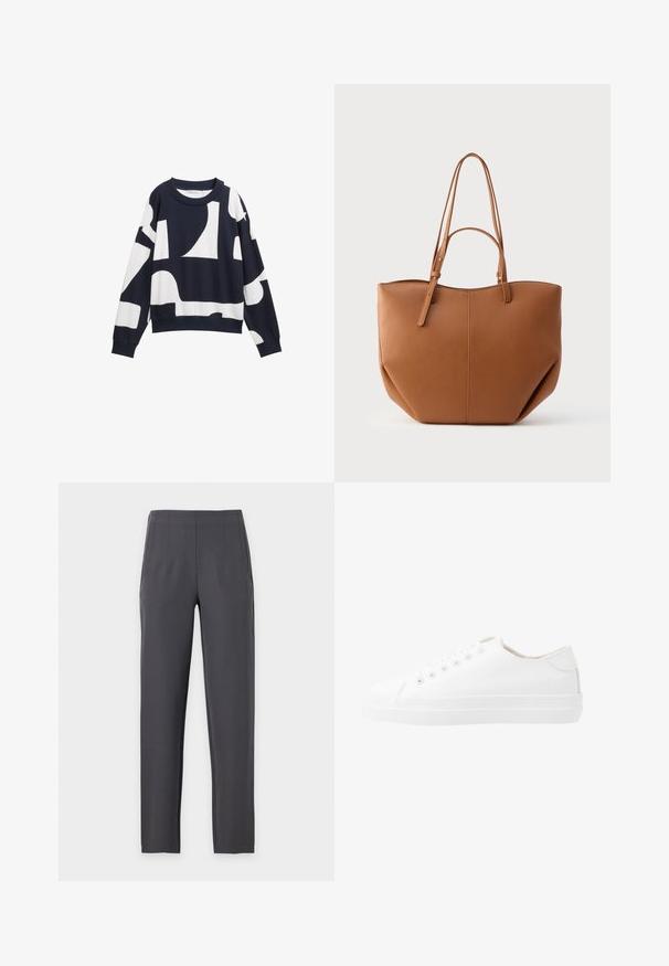 Sweatshirt bleu marine avec des formes blanches abstraites, fabriqué en tissu doux. Dispose d'un col rond et de poignets côtelés pour une coupe décontractée.; Pantalon droit gris foncé avec taille haute et plis subtils à l'avant, présenté sur un fond clair uni.; Baskets blanches en toile au design bas, bout rond, six œillets et semelle en caoutchouc texturé. Matériau lisse avec des accents minimalistes.; Sac fourre-tout en simili cuir camel avec deux longues poignées, une forme arrondie, une couture visible et des détails de coutures verticales. Texture lisse.