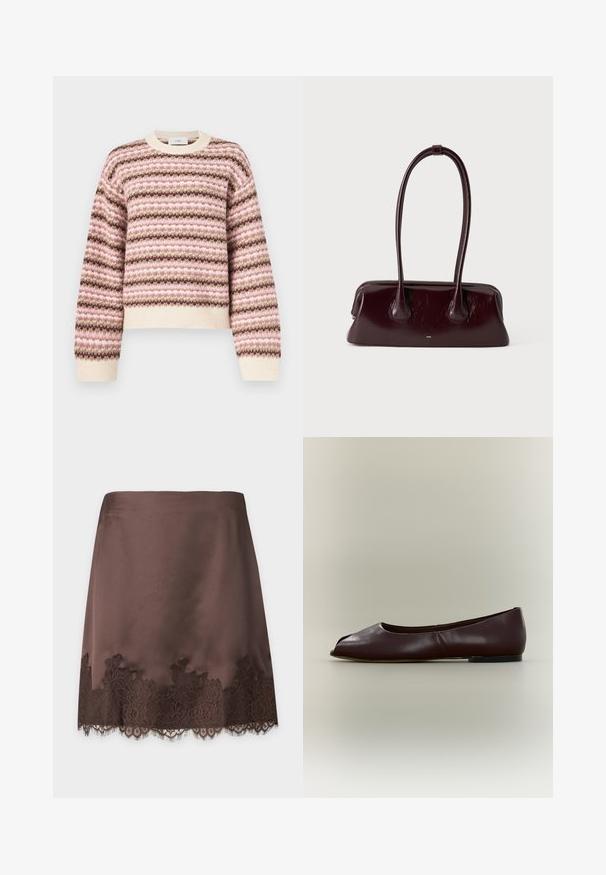 Pull tricoté avec des rayures horizontales en rose, crème et brun. Col rond classique, poignets et ourlet côtelés avec une texture douce.; Jupe en satin marron avec bordure en dentelle florale à l'ourlet, coupe droite et texture lisse sur fond uni.; Chaussure plate en cuir marron foncé avec bout ouvert et petit talon sur fond clair uni.; Sac à main en cuir brun foncé brillant avec de longues anses fines et une base rectangulaire structurée sur un fond clair uni.