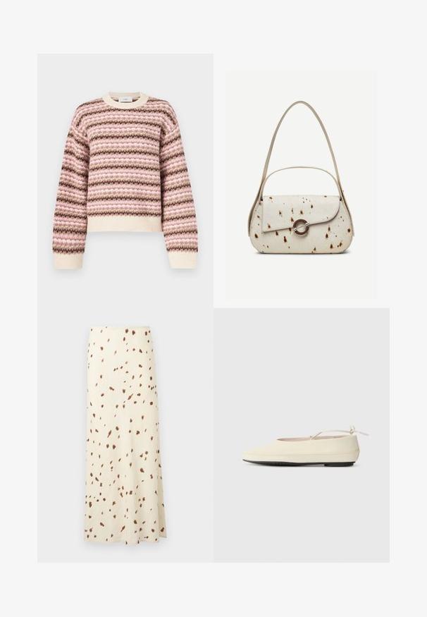 Pull tricoté avec des rayures horizontales en rose, crème et brun. Col rond classique, poignets et ourlet côtelés avec une texture douce.; Longue jupe crème avec des taches irrégulières brunes dispersées, longueur cheville et coupe droite.; Des chaussures plates de couleur crème avec un bout arrondi, une sangle à la cheville et une semelle en caoutchouc noir contrastante. Matériau lisse avec un detailing minimal.; Sac à main couleur crème avec des taches marron, rabat incurvé avec une fermeture métallique circulaire, doté de deux fines anses, dont une plus longue pour porter à l'épaule.