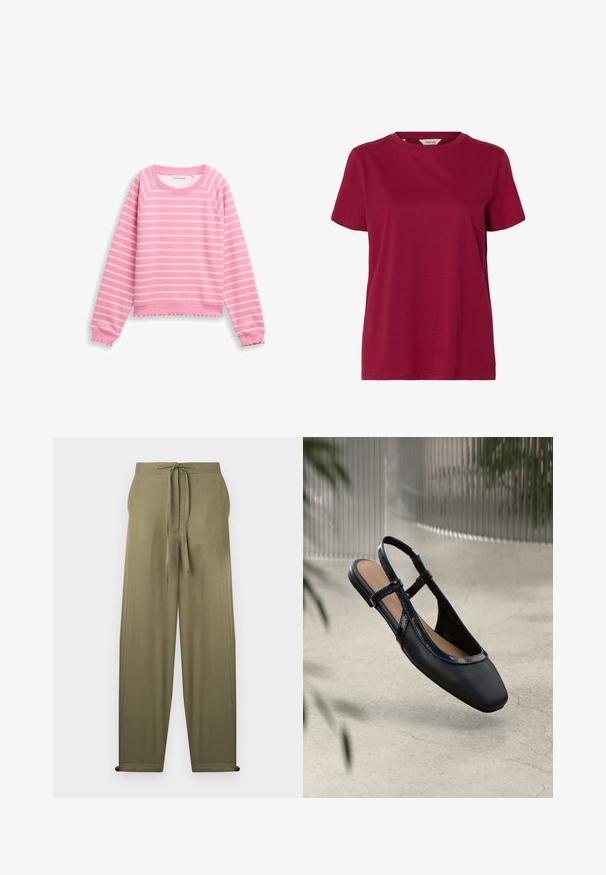 Ροζ μακρυμάνικο φούτερ με λευκές οριζόντιες ρίγες, ριμπ γιακά, μανσέτες και λεπτομέρεια με βολάν στο τελείωμα.; Απλό κοντομάνικο μπλουζάκι με στρογγυλή λαιμόκοψη σε μονόχρωμο σκούρο κόκκινο χρώμα, εμφανίζεται σε λευκό φόντο.; Χαλαρά παντελόνια σε ελιά πράσινο με ψηλή μέση και κορδόνι στη μέση μπροστά, με ίσια μπατζάκια και πλαϊνές τσέπες.; Μαύρο δερμάτινο πέδιλο slingback με τετράγωνη μύτη, διαθέτοντας γυαλιστερό λουράκι από πατέντα και ρυθμιζόμενες ταινίες για ασφαλή εφαρμογή.