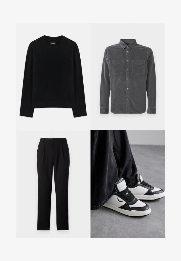 Sort sweater lavet af blødt stof, med rund hals, lange ærmer, afslappet pasform og ribbet kant. Enkelt, ensfarvet design uden mønstre.; Mørkegrå kordfløjl skjorte med lange ærmer og krave, trykknapper foran samt to brystlommer med klapper.; Sorte buksener med straight-leg design, lavet af glat stof. Har frontfolder og en knaplukning i taljen.; Sorte og hvide højtop sneakers med en struktureret sort snøredetalje, lavet af læder og syntetisk materiale, med et logo på siden.