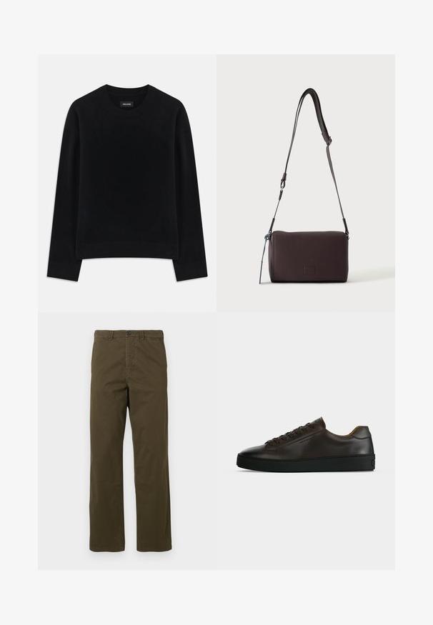 Pull noir en tissu doux, à col rond, à manches longues, avec une coupe décontractée et un ourlet côtelé. Design simple et uni, sans motifs.; Pantalons en coton marron pour hommes, coupe droite, avec passants de ceinture, bouton frontal et fermeture éclair sur fond clair.; Baskets basses en cuir marron foncé avec semelle en caoutchouc noire, lacets à l'avant et design minimaliste épuré sur fond clair.; Sac bandoulière en cuir marron foncé texturé avec une sangle réglable et un petit accent décoratif bleu sur le côté.