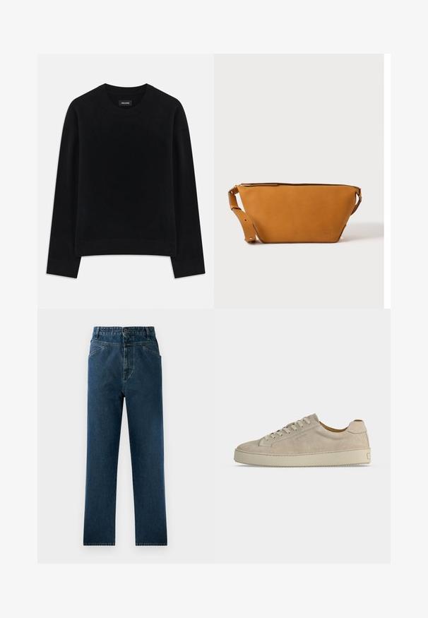 Sort sweater lavet af blødt stof, med rund hals, lange ærmer, afslappet pasform og ribbet kant. Enkelt, ensfarvet design uden mønstre.; Mørkeblå denim straight-leg jeans med høj talje, der har forlommer og en knaplukning. Struktureret stof med subtil falmning.; Beige ruskind lavtop sneaker med snørelukning og tyk gummisål, vist fra siden på en ensfarvet hvid baggrund.; Lys brun læder crossbody taske med justerbar rem og lynlås, vist mod en ensartet lys baggrund.