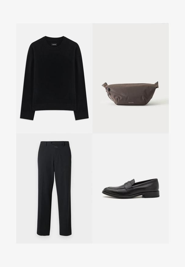 Pull noir en tissu doux, à col rond, à manches longues, avec une coupe décontractée et un ourlet côtelé. Design simple et uni, sans motifs.; Pantalon noir à coupe droite, en tissu lisse. Il présente une fermeture à bouton à l'avant et des détails de couture subtils. Conception simple sans motifs.; Mocassin en cuir noir avec une finition lisse, une sangle décorative sur le dessus, un bout rond et un petit talon empilé.; Sac banane en tissu marron foncé avec poche zippée en diagonale et petit logo blanc sur le devant, sur un fond clair uni.