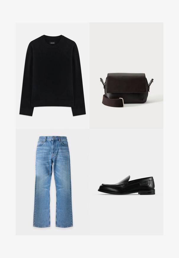 Pull noir en tissu doux, à col rond, à manches longues, avec une coupe décontractée et un ourlet côtelé. Design simple et uni, sans motifs.; Jean en denim bleu à jambes larges avec bouton et fermeture éclair à l'avant, passants de ceinture et design classique à cinq poches sur fond uni.; Mocassin noir en cuir à enfiler avec un petit talon, un bout arrondi et des surpiqûres décoratives le long du bord supérieur.; Sac bandoulière en cuir marron foncé avec fermeture à rabat et sangle en tissu réglable sur fond blanc.