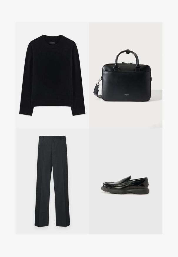 Pull noir en tissu doux, à col rond, à manches longues, avec une coupe décontractée et un ourlet côtelé. Design simple et uni, sans motifs.; Pantalon gris foncé à coupe droite, fabriqué en tissu texturé, avec une fermeture à bouton unique et des poches latérales.; Mocassin en cuir noir avec une finition brillante, bout arrondi, détails de couture subtils et semelle en caoutchouc épaisse pour la durabilité.; Porte-documents en cuir noir avec doubles poignées et bandoulière détachable, design minimaliste sur fond uni.