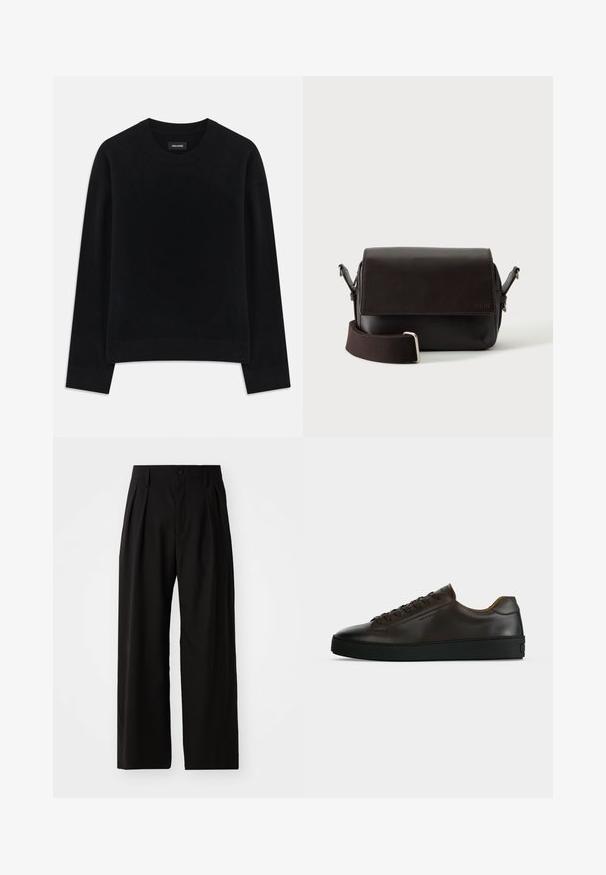 Pull noir en tissu doux, à col rond, à manches longues, avec une coupe décontractée et un ourlet côtelé. Design simple et uni, sans motifs.; Pantalons larges noirs avec une texture lisse, dotés de deux plis avant, d'une fermeture à bouton et de poches latérales. Tissu durable.; Baskets basses en cuir marron foncé avec semelle en caoutchouc noire, lacets à l'avant et design minimaliste épuré sur fond clair.; Sac bandoulière en cuir marron foncé avec fermeture à rabat et sangle en tissu réglable sur fond blanc.