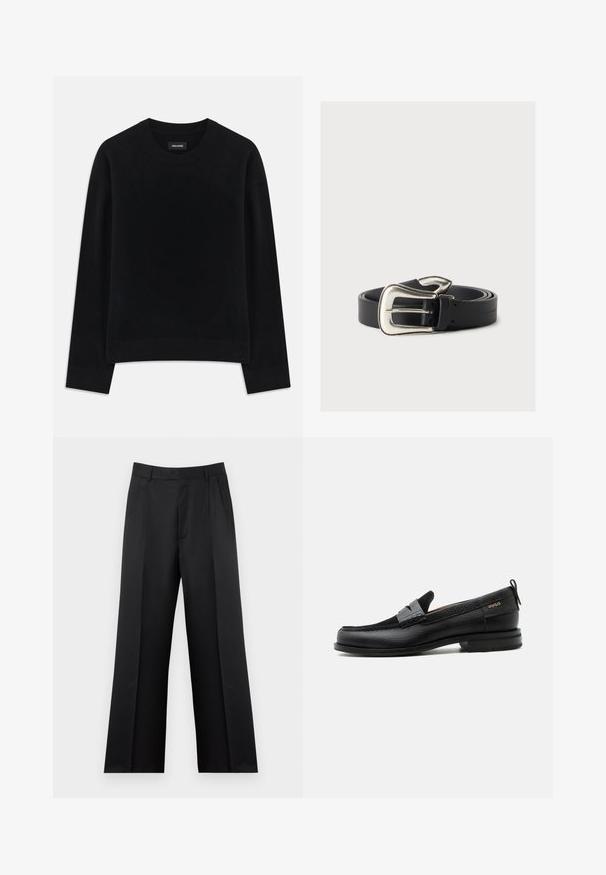 Pull noir en tissu doux, à col rond, à manches longues, avec une coupe décontractée et un ourlet côtelé. Design simple et uni, sans motifs.; Pantalon noir à jambes droites avec passants de ceinture, plis à l'avant et fermeture frontale dissimulée.; Mocassin en cuir noir avec détail de bride grise, talon bas et semelle texturée, marqué "HUGO" en or sur le côté.; Ceinture en cuir noir avec une grande boucle argentée de style western, enroulée sur un fond neutre.