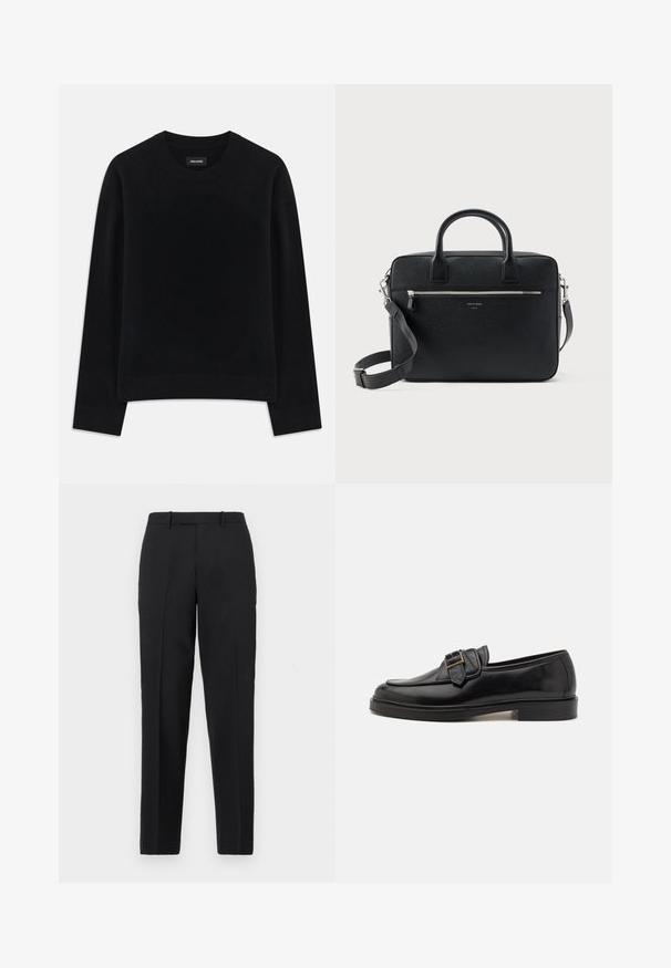Pull noir en tissu doux, à col rond, à manches longues, avec une coupe décontractée et un ourlet côtelé. Design simple et uni, sans motifs.; Theory STRAIGHT - Pantalon classique - deep black; Mocassins en cuir noir avec un bout arrondi et une boucle décorative. Talon plat, solide et texture lisse sur l'ensemble.; Serviette rectangulaire en cuir noir texturé avec double poignée, poche avant zippée et bandoulière réglable présentée sur fond blanc.