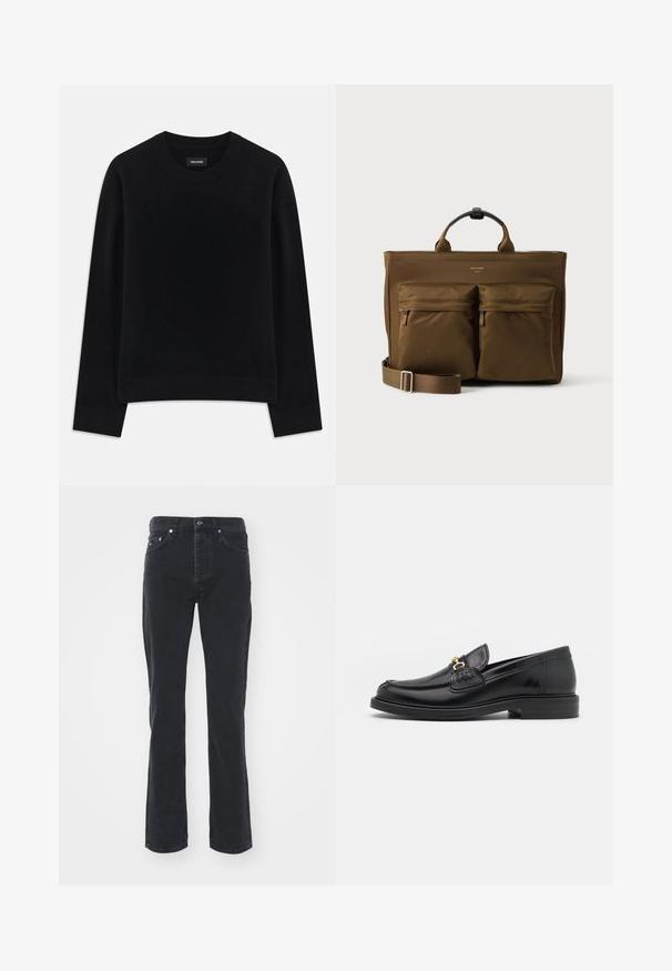 Pull noir en tissu doux, à col rond, à manches longues, avec une coupe décontractée et un ourlet côtelé. Design simple et uni, sans motifs.; Jeans en denim noir avec une coupe droite, comportant cinq poches et une fermeture à bouton. Le tissu a une texture subtile et une finition robuste.; Mocassins en cuir noir avec un embout rond, présentant des accents en métal doré et des détails de couture, montés sur une semelle en caoutchouc texturé et basse.; Sac cabas rectangulaire marron avec deux grandes poches zippées à l’avant, des poignées courtes et une bandoulière réglable sur fond blanc.