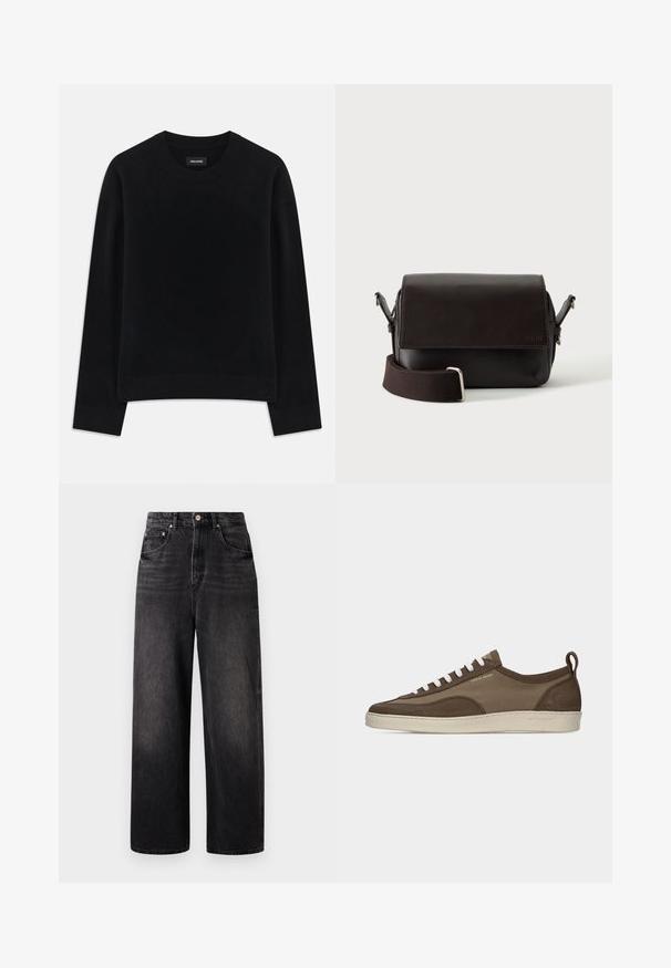 Pull noir en tissu doux, à col rond, à manches longues, avec une coupe décontractée et un ourlet côtelé. Design simple et uni, sans motifs.; Jeans en denim noir avec une coupe ample, taille haute, cinq poches et une fermeture à bouton visible. Présente un délavage subtil et une coupe droite.; Baskets basses marron à profil bas avec lacets blancs, semelle beige, dessus en tissu et daim, languette latérale et logo "Tiger of Sweden" en texte doré.; Sac bandoulière en cuir marron foncé avec fermeture à rabat et sangle en tissu réglable sur fond blanc.