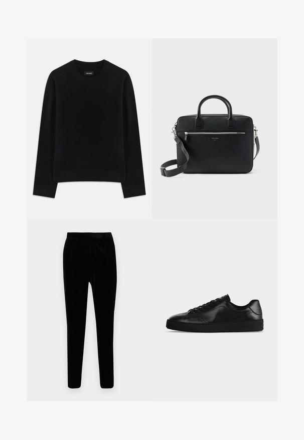 Sort sweater lavet af blødt stof, med rund hals, lange ærmer, afslappet pasform og ribbet kant. Enkelt, ensfarvet design uden mønstre.; Sorte fløjlsbukser med slim fit, der har en glat overflade og en standard talje, uden synlige lommer eller udsmykninger.; Svært lavprofileret sort lædersneaker med snørebånd foran og tekstureret flad sål, vist fra siden på en neutral baggrund.; Sort struktureret rektangulær lædermappe med dobbelthåndtag, lynlåslomme foran og justerbar skulderrem vist på hvid baggrund.