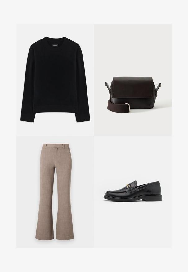 Pull noir en tissu doux, à col rond, à manches longues, avec une coupe décontractée et un ourlet côtelé. Design simple et uni, sans motifs.; Pantalons évasés beiges en tissu texturé, avec fermeture éclair et poches latérales pour plus de fonctionnalité. Design ajusté.; Mocassins en cuir noir avec un embout rond, présentant des accents en métal doré et des détails de couture, montés sur une semelle en caoutchouc texturé et basse.; Sac bandoulière en cuir marron foncé avec fermeture à rabat et sangle en tissu réglable sur fond blanc.