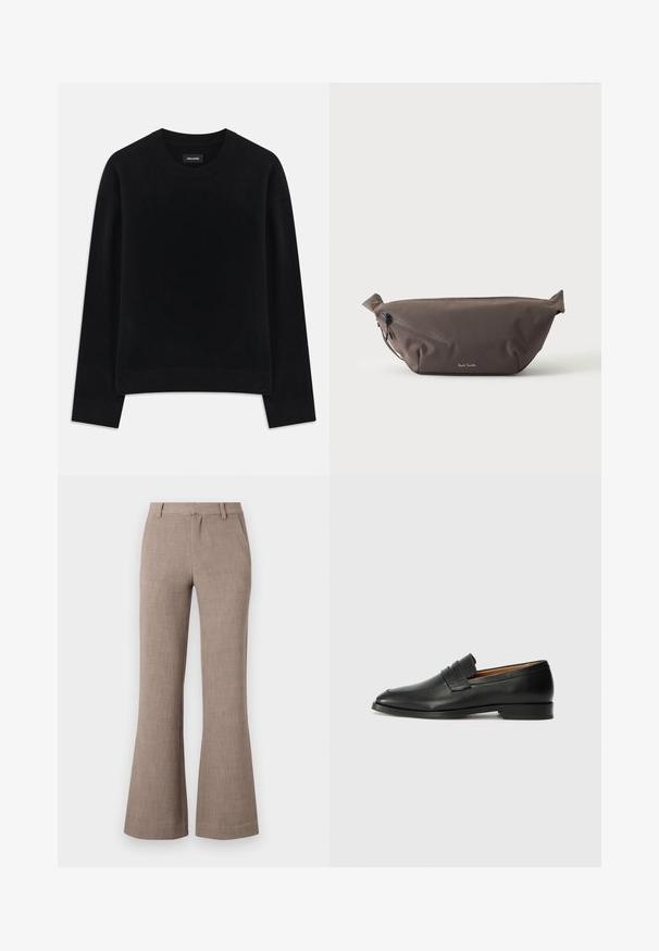 Sort sweater lavet af blødt stof, med rund hals, lange ærmer, afslappet pasform og ribbet kant. Enkelt, ensfarvet design uden mønstre.; Beige flagrende bukser lavet af et tekstureret stof, med lynlåslukning og sidelommer for funktionalitet. Skræddersyet design.; Sort læder loafer med rund tå, diskret syning, og lav hæl, der har en glat tekstur og minimalistisk design.; Mørkebrun stof talje taske med diagonalt lynlåslomme og lille hvidt logo på fronten, sat mod en ensfarvet lys baggrund.