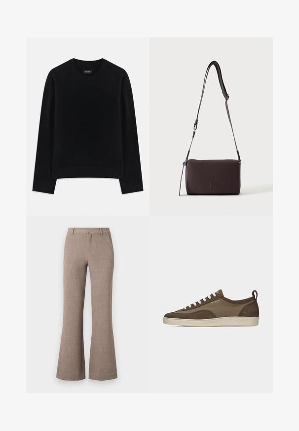 Sort sweater lavet af blødt stof, med rund hals, lange ærmer, afslappet pasform og ribbet kant. Enkelt, ensfarvet design uden mønstre.; Beige flagrende bukser lavet af et tekstureret stof, med lynlåslukning og sidelommer for funktionalitet. Skræddersyet design.; Lavprofileret brun sneaker med hvide snørebånd, beige sål, stof og ruskindsoverdel, side pull-tab og "Tiger of Sweden" logo i guldtekst.; Mørkebrun textured læder crossbody taske med justerbar rem og lille dekorativ blå accent på siden.