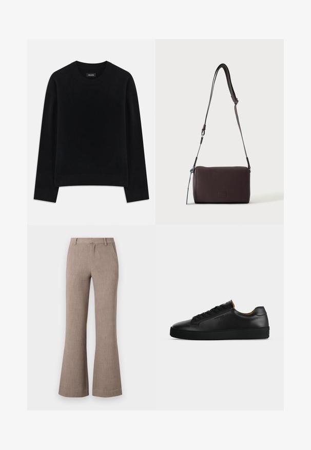 Pull noir en tissu doux, à col rond, à manches longues, avec une coupe décontractée et un ourlet côtelé. Design simple et uni, sans motifs.; Pantalons évasés beiges en tissu texturé, avec fermeture éclair et poches latérales pour plus de fonctionnalité. Design ajusté.; Basket basse en cuir noir avec lacets noirs, semelle en caoutchouc texturée et petit logo embossé sur le côté, présenté de profil sur fond gris.; Sac bandoulière en cuir marron foncé texturé avec une sangle réglable et un petit accent décoratif bleu sur le côté.