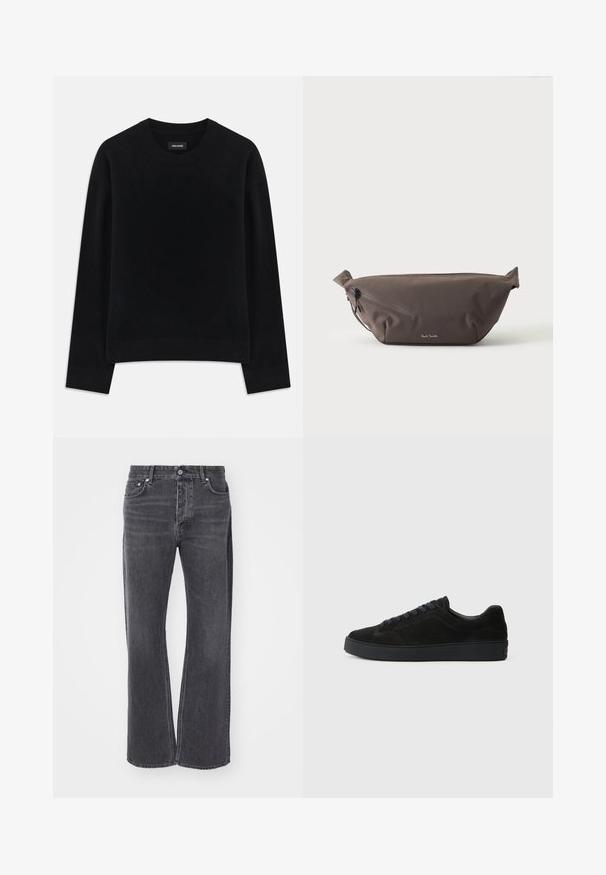 Sort sweater lavet af blødt stof, med rund hals, lange ærmer, afslappet pasform og ribbet kant. Enkelt, ensfarvet design uden mønstre.; Sorte højtaljede jeans med løs, bred ben-design. Lavet af denim, med subtil falmning og for- og baglommer.; Sort semsket sneakers med en flad, tekstureret sål, rund tå, seks snørrehuller og et minimalistisk design.; Mørkebrun stof talje taske med diagonalt lynlåslomme og lille hvidt logo på fronten, sat mod en ensfarvet lys baggrund.