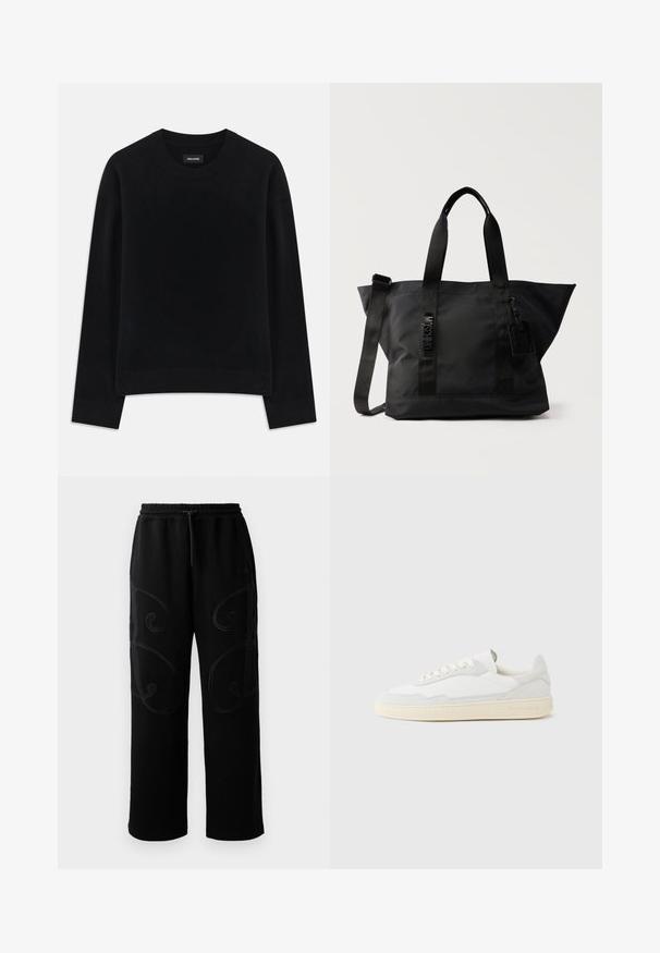 Sort sweater lavet af blødt stof, med rund hals, lange ærmer, afslappet pasform og ribbet kant. Enkelt, ensfarvet design uden mønstre.; Sorte joggingbukser med en afslappet pasform, der har intrikate spiralmønstre i syningerne langs siderne samt en elastisk talje med snoretræk.; Hvid sneakers med en øvre del i tekstureret ruskind og læder. Har rundet tå, snørelukning og kontrasterende beige gummisål.; Sort nylon shopper med to øverste håndtag, justerbar skulderrem og en lille vedhæftet mærkat, med lodret MOSCHINO-tekst på forsiden.