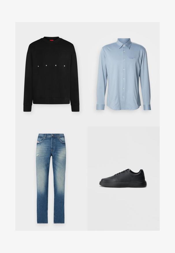 Sweat-shirt noir à manches longues col rond avec "HUGO" imprimé en lettres blanches espacées sur la poitrine.; Chemise à manches longues bleu clair en tissu lisse, dotée d'un col pointu et d'un devant boutonné, avec un logo brodé discret sur la poitrine.; Jeans en denim bleu avec un design à jambe droite, présentant un léger délavage, un petit détail usé à l'avant et un style classique à cinq poches.; Chaussures de sport noires avec une finition mate lisse, un bout arrondi, des panneaux latéraux texturés et une semelle épaisse en caoutchouc avec une bande de roulement à motifs.
