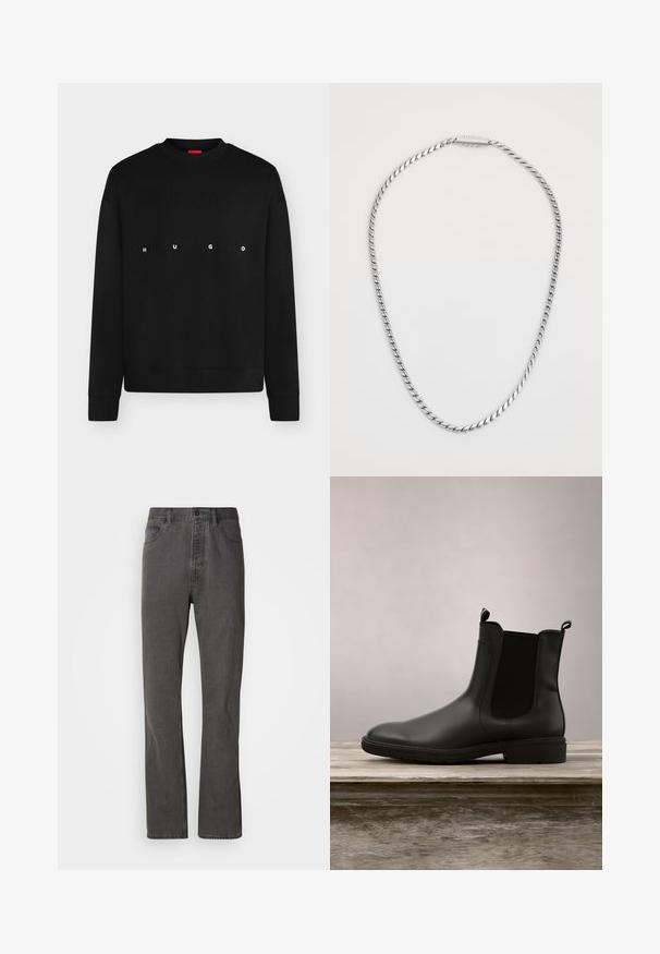 Sweat-shirt noir à manches longues col rond avec "HUGO" imprimé en lettres blanches espacées sur la poitrine.; Jeans en denim gris avec une coupe droite, dotés de poches avant, d'une fermeture à bouton et d'une texture subtile.; Bottine Chelsea noire en caoutchouc avec une finition lisse, panneaux latéraux élastiques et languettes, présentant un petit talon et une semelle robuste.; Collier en chaîne tordue en argent avec une texture lisse, présentant un design de fermoir simple. La chaîne a une épaisseur uniforme tout au long.