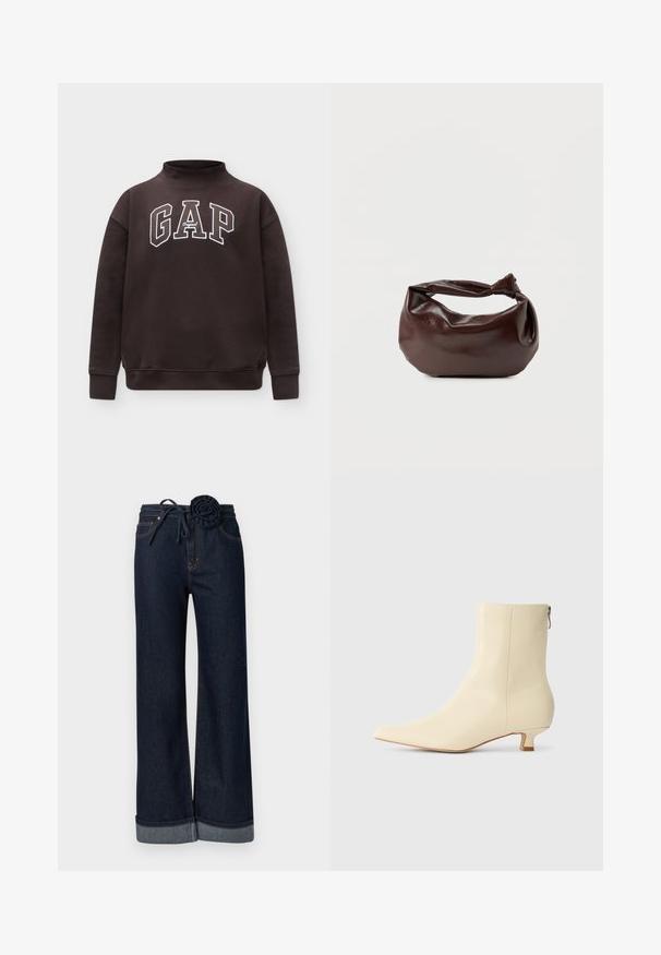 Sweat-shirt marron foncé avec col montant et manches longues, avec un grand texte "GAP Original" blanc avec contour sur la poitrine.; Jean large à jambes larges bleu foncé en denim, avec une taille à cordon de serrage ornée d'un accent en forme de rose et un ourlet plié.; Bottine beige en cuir lisse, bout pointu, petit talon carré et fermeture éclair latérale pour un enfilage facile.; Sac bandoulière en cuir marron foncé avec une forme souple et décontractée et une anse nouée torsadée sur un fond blanc uni.