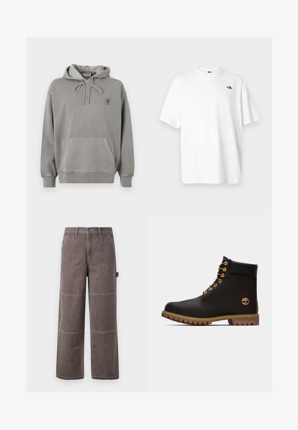Ανοιχτό γκρι φούτερ Carhartt με κουκούλα, μπροστινή τσέπη καγκουρό, κορδόνι στην κουκούλα, ριμπ μανσέτες και μικρό λογότυπο της μάρκας στο στήθος.; Λευκό βαμβακερό μπλουζάκι με κοντά μανίκια, σχέδιο με V λαιμόκοψη, με μικρό μαύρο λογότυπο στο επάνω αριστερό μέρος. Απαλή υφή, άνετη εφαρμογή.; Φαρδιά παντελόνια σε ξεθωριασμένο καφέ χρώμα, κατασκευασμένα από ανθεκτικό ύφασμα με αντίθετη ραφή. Διαθέτουν λεπτομέρειες από πάνελ και μια πλαϊνή τσέπη.; Μαύρη δερμάτινη αστράγαλοι μποτάκι με χρυσά μάτια, καφέ λεπτομέρειες και ελαστική σόλα. Διαθέτει επενδεδυμένο κολάρο και ανάγλυφο λογότυπο στη πλευρά.